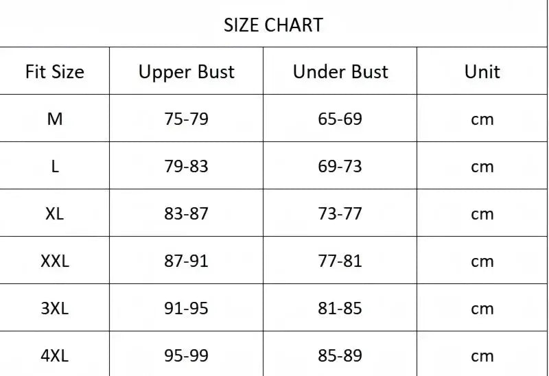 Ribbed wireless bra size chart by Simples Market showing M–4XL upper and under bust ranges in cm