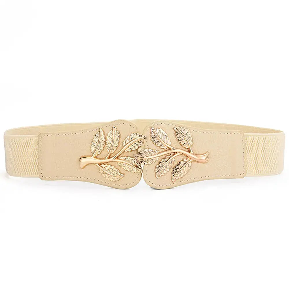 Aurora Women's Elastic Waist Belt With Gold Leaf Closure And Double Hook Buckle With Elegant Secure Fit
