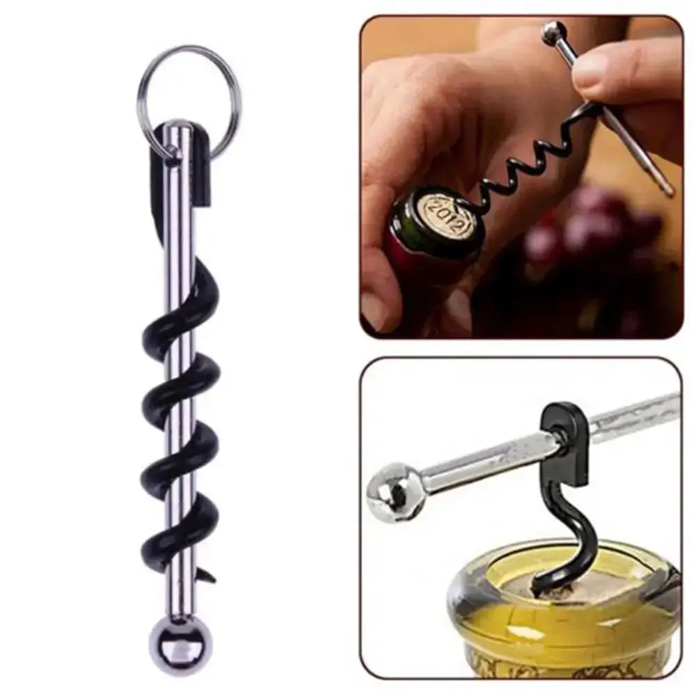 Bottle opener with corkscrew and keyring; compact metal outdoor EDC camping tool.