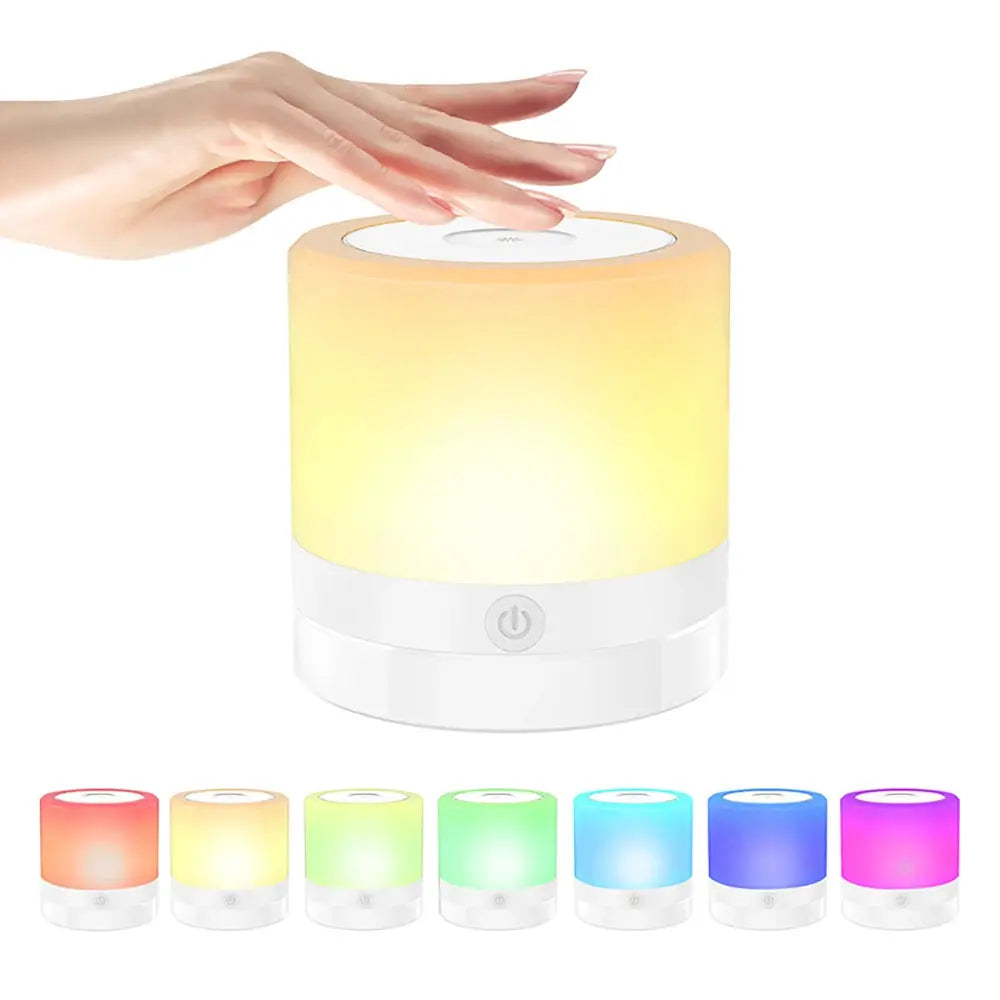 Simples Market RGB night lamp, color-changing bedside LED with touch-top control and white base; 7 color options shown