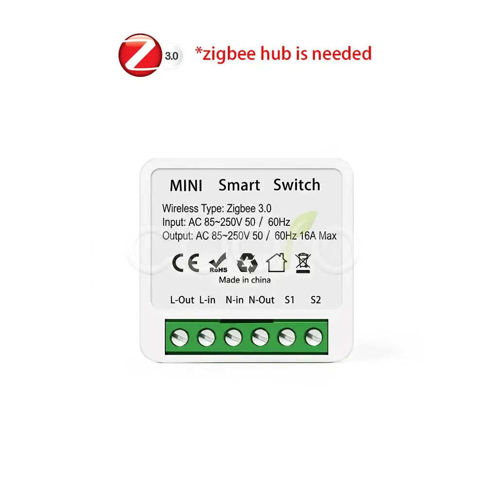White mini smart switch module with green screw terminals, Zigbee 3.0, 16A max.