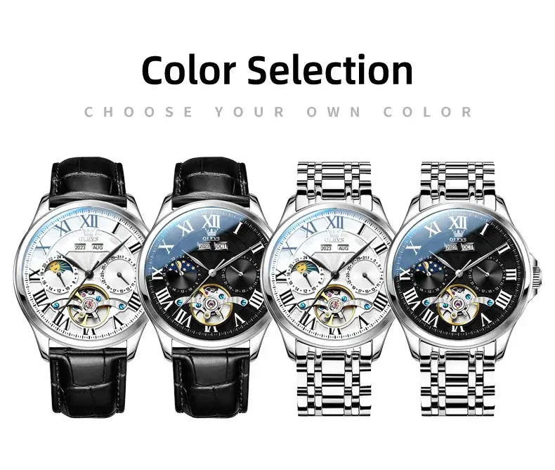 OLEVS 7013 men's moon-phase mechanical watch collection - 4 watches with leather and stainless steel bands