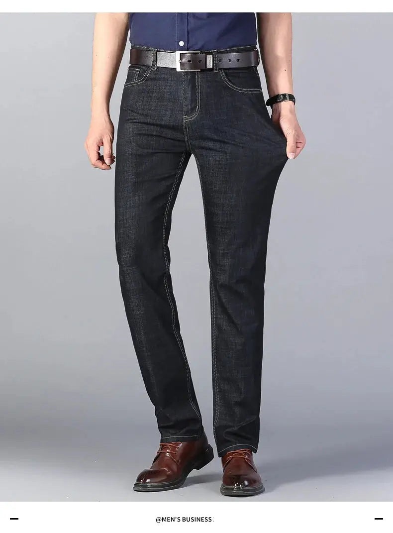 Men's elastic stretch denim jeans by Simples Market, dark indigo straight-leg casual trousers