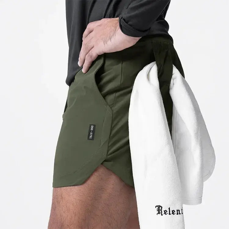 ASRV men's quick-dry athletic shorts in olive green with curved hem and side pocket