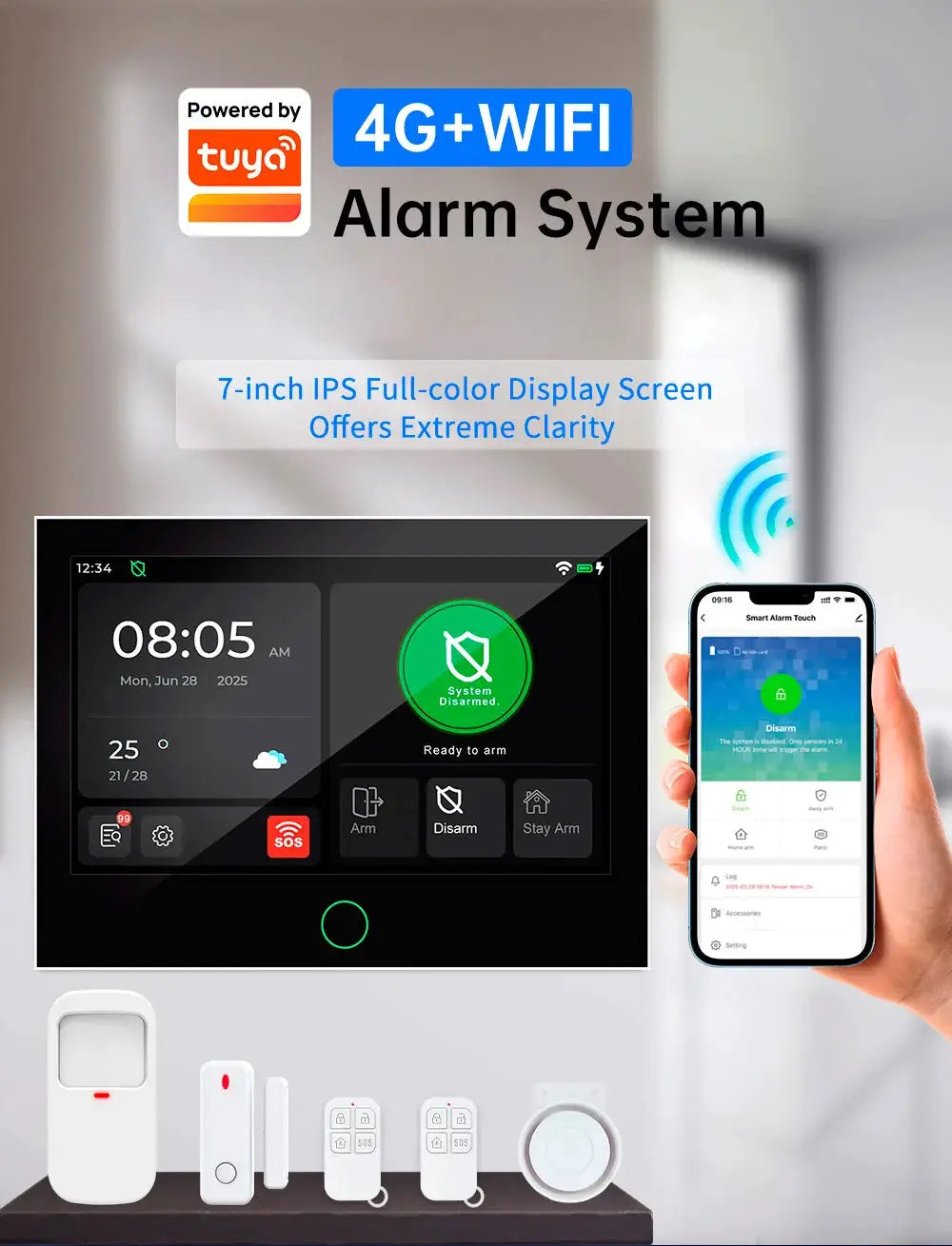 KERUI 4G/WiFi GSM home alarm system with 7-inch IPS touchscreen; Tuya-powered by Simples Market with sensors.