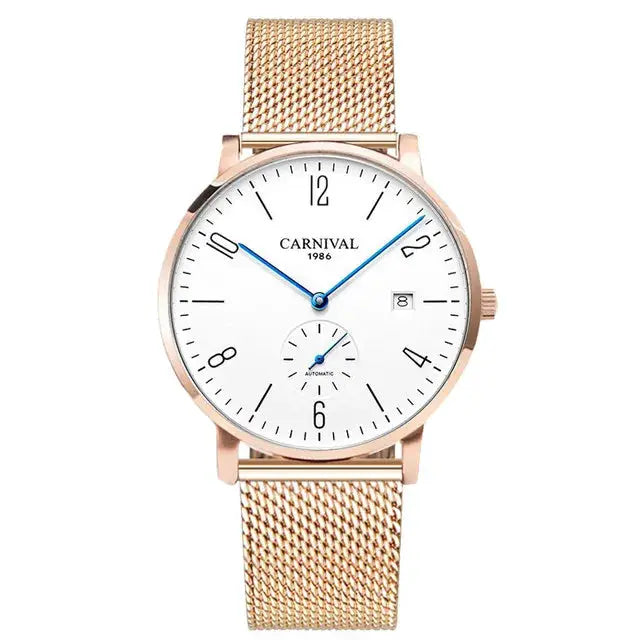 Carnival men's rose gold automatic watch with white dial and mesh strap