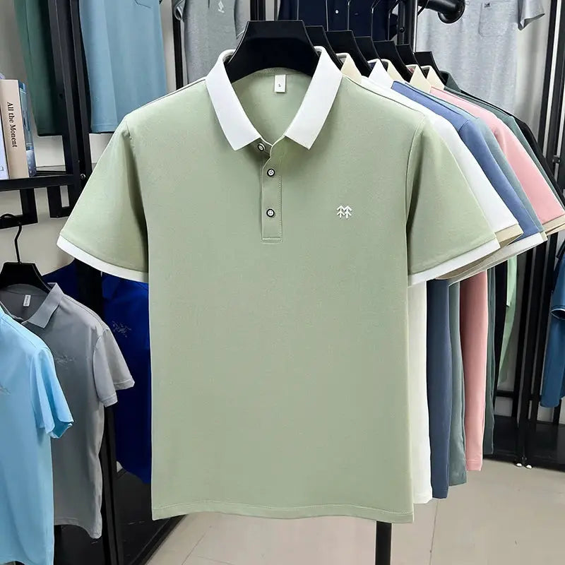 Polo shirt by Simples Market; set of 8 pastel silk-cotton polos for men, sage green with white collar and cuffs
