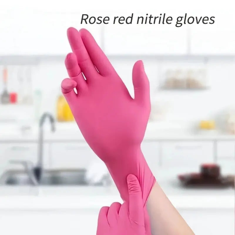 Fuchsia nitrile disposable gloves for kitchen cleaning; single pair