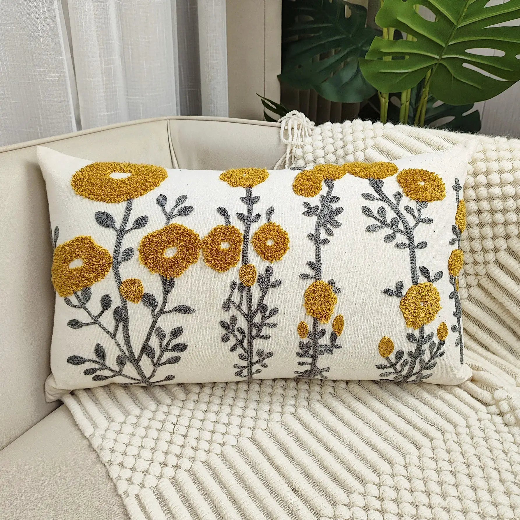 Boho Floral Turfted Embroidery Cushion Cover by Simples Market, cream with mustard-yellow tufted flower embroidery.