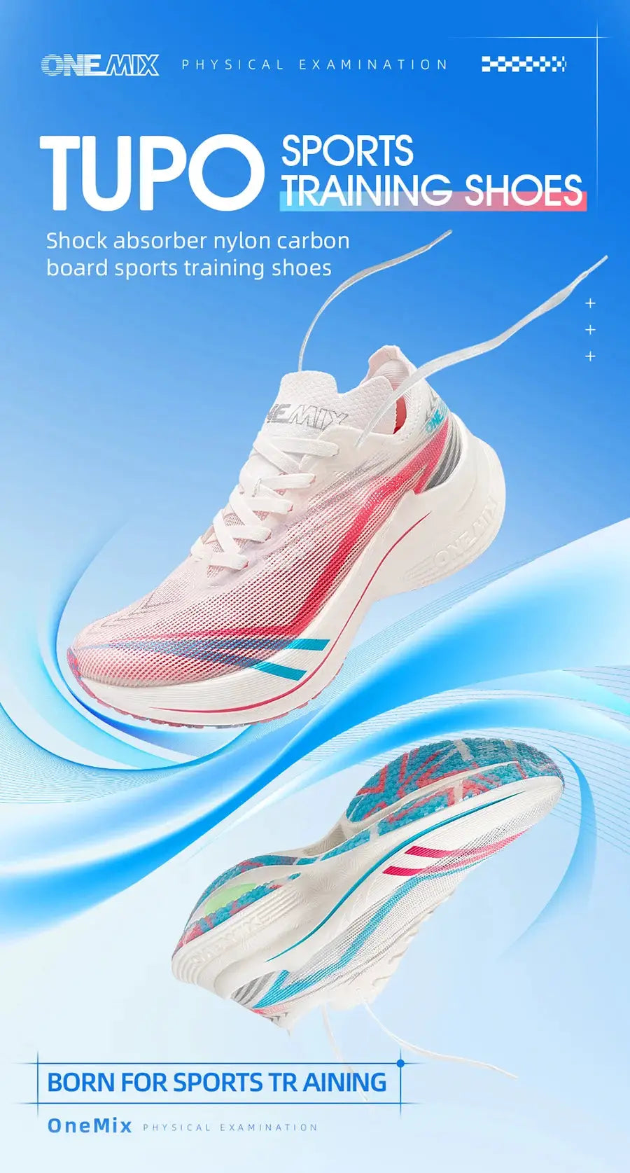 ONEMIX Tupo running shoes in white with pink accents, carbon plate, two sneakers shown