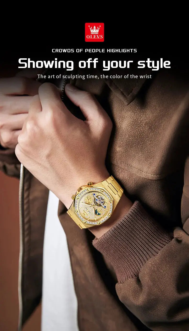 OLEVS gold steel men's wristwatch with skeleton dial.
