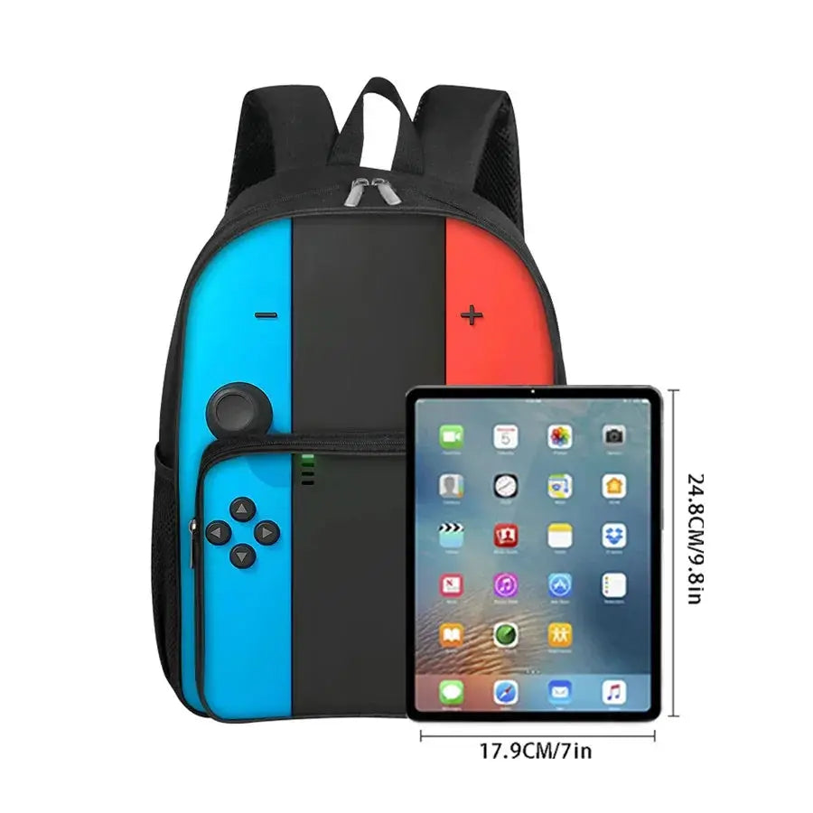 Simples Market GamePad Pattern Square Front Pocket Backpack, blue and red color-blocks for kids.
