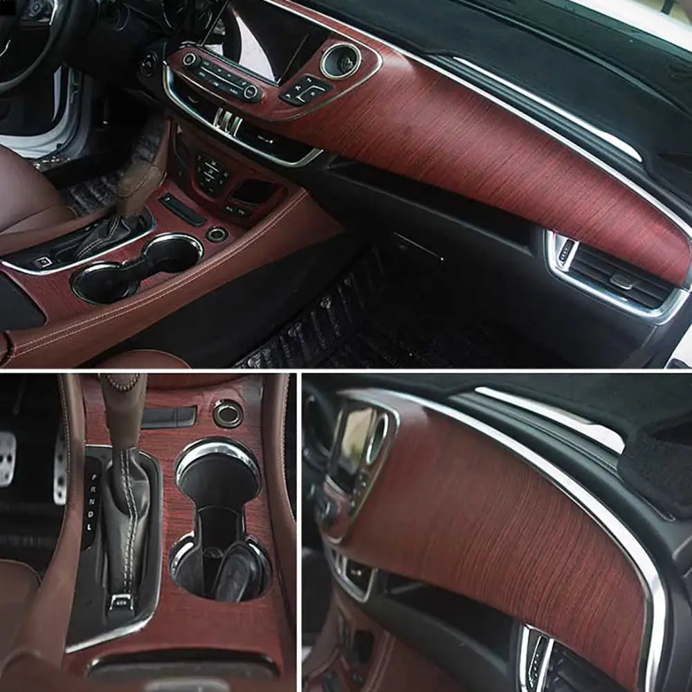 Wood grain car vinyl wrap for interior dashboard and center console, self-adhesive brown textured finish