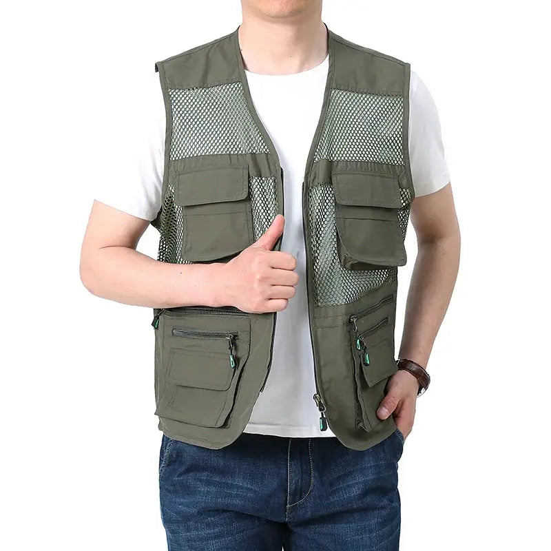 Men's olive green mesh quick-drying fishing vest with multiple pockets