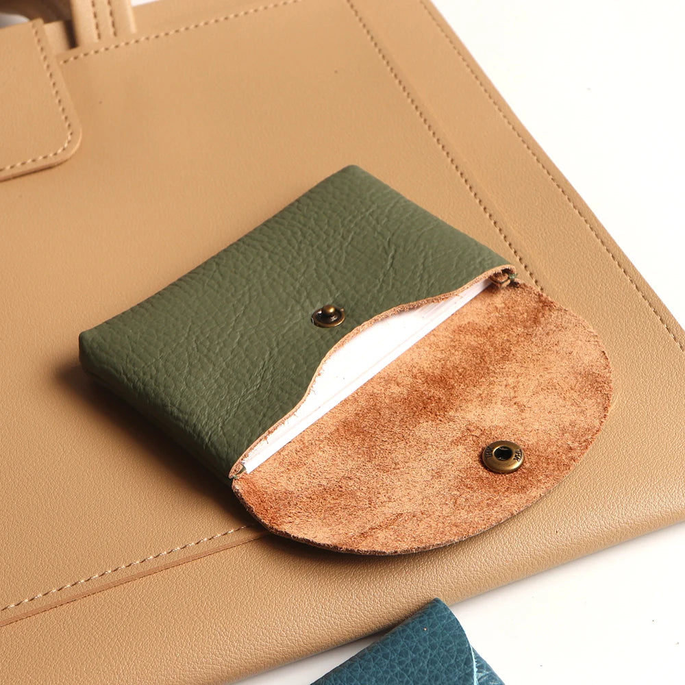 Personalize genuine leather card holder, green exterior with brown suede interior and snap closure