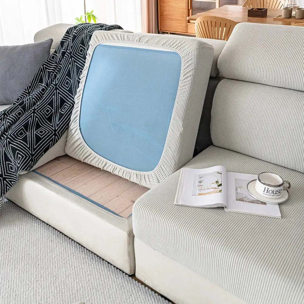 Thickened jacquard sofa seat cushion cover by Simples Market, beige with light blue center, removable.