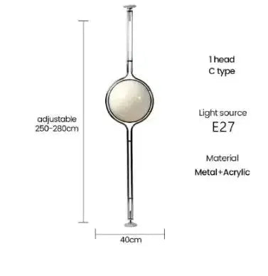 Floor lamp with circular white acrylic shade, metal frame, adjustable height 250-280 cm, E27 light source.