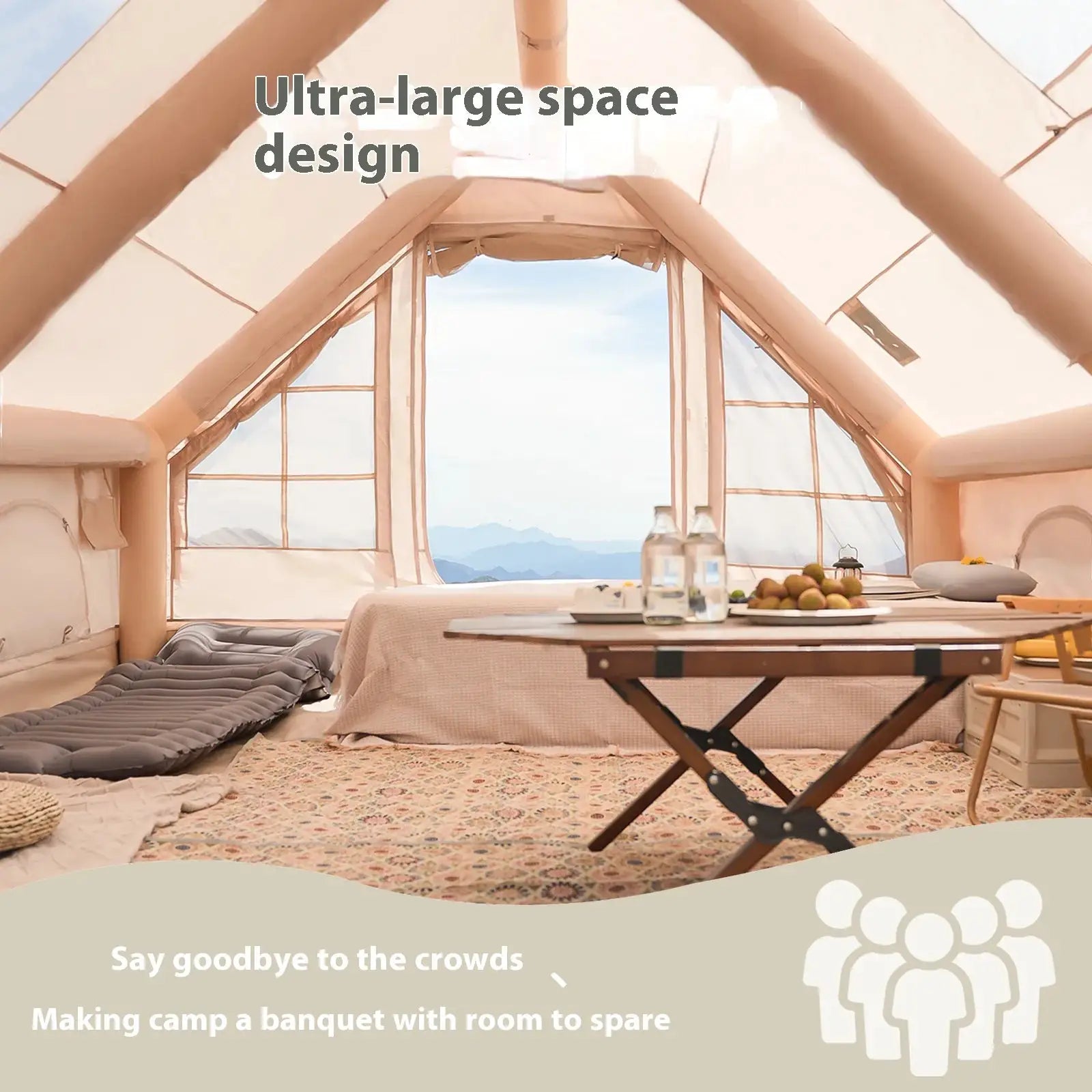 Inflatable luxury camping tent interior with ultra-large space and beige decor