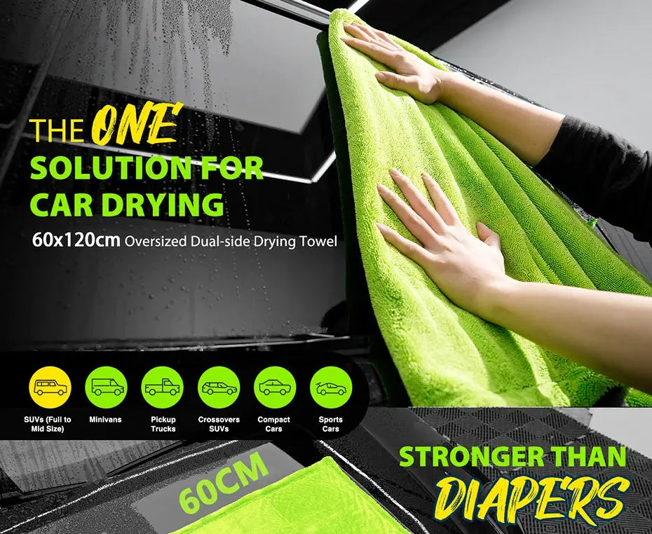 1400GSM heavy-duty car drying towel by Simples Market, 60x120cm neon green, double-sided