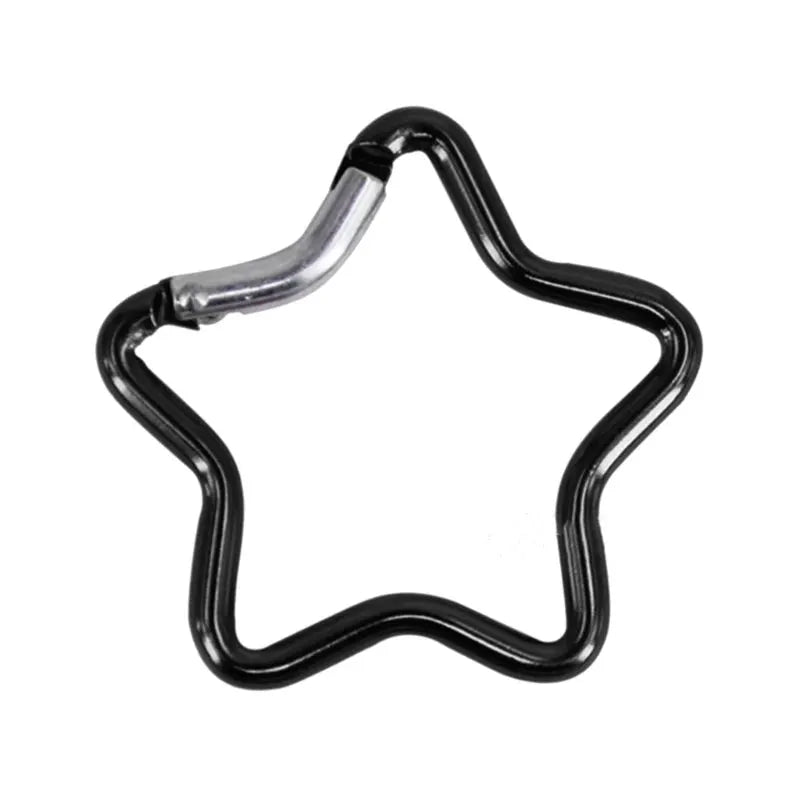 Star-shaped aluminum alloy carabiner keychain, black with silver spring-lock hinge, ideal for camping