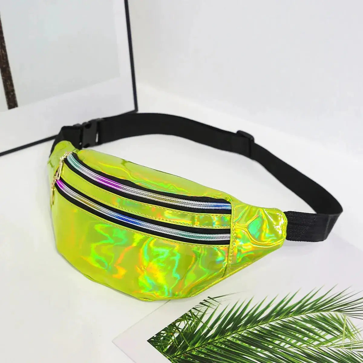 Holographic waist bag with black adjustable strap; neon lime iridescent fanny pack with multiple zip pockets.
