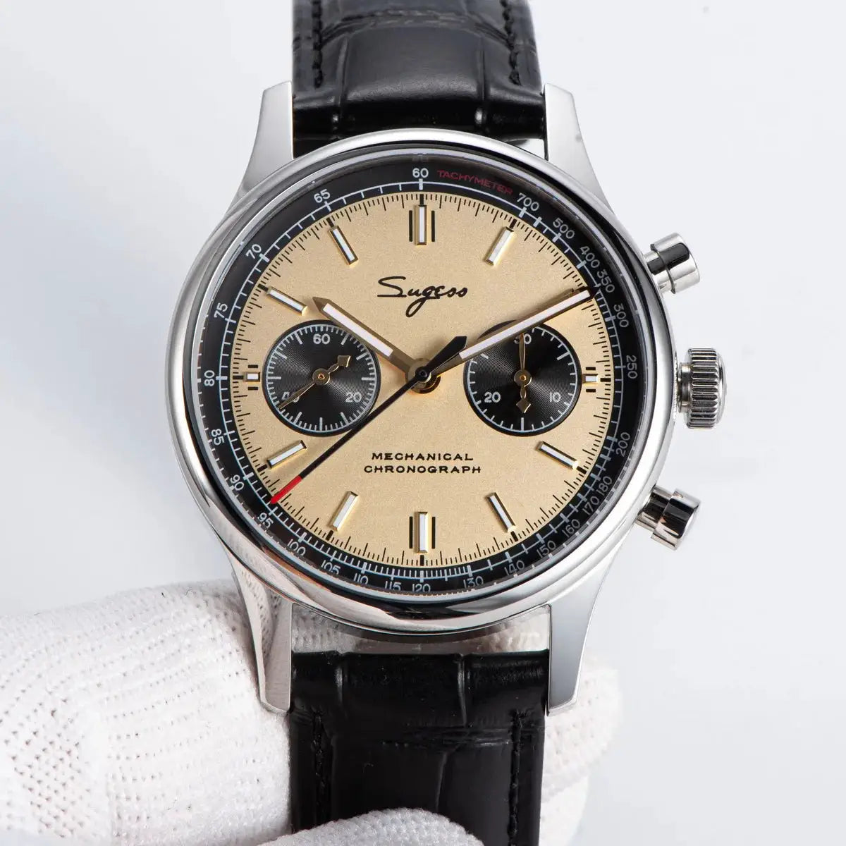 Sugess 1963 Pilot watch, men’s mechanical chronograph with panda dial and black leather strap.