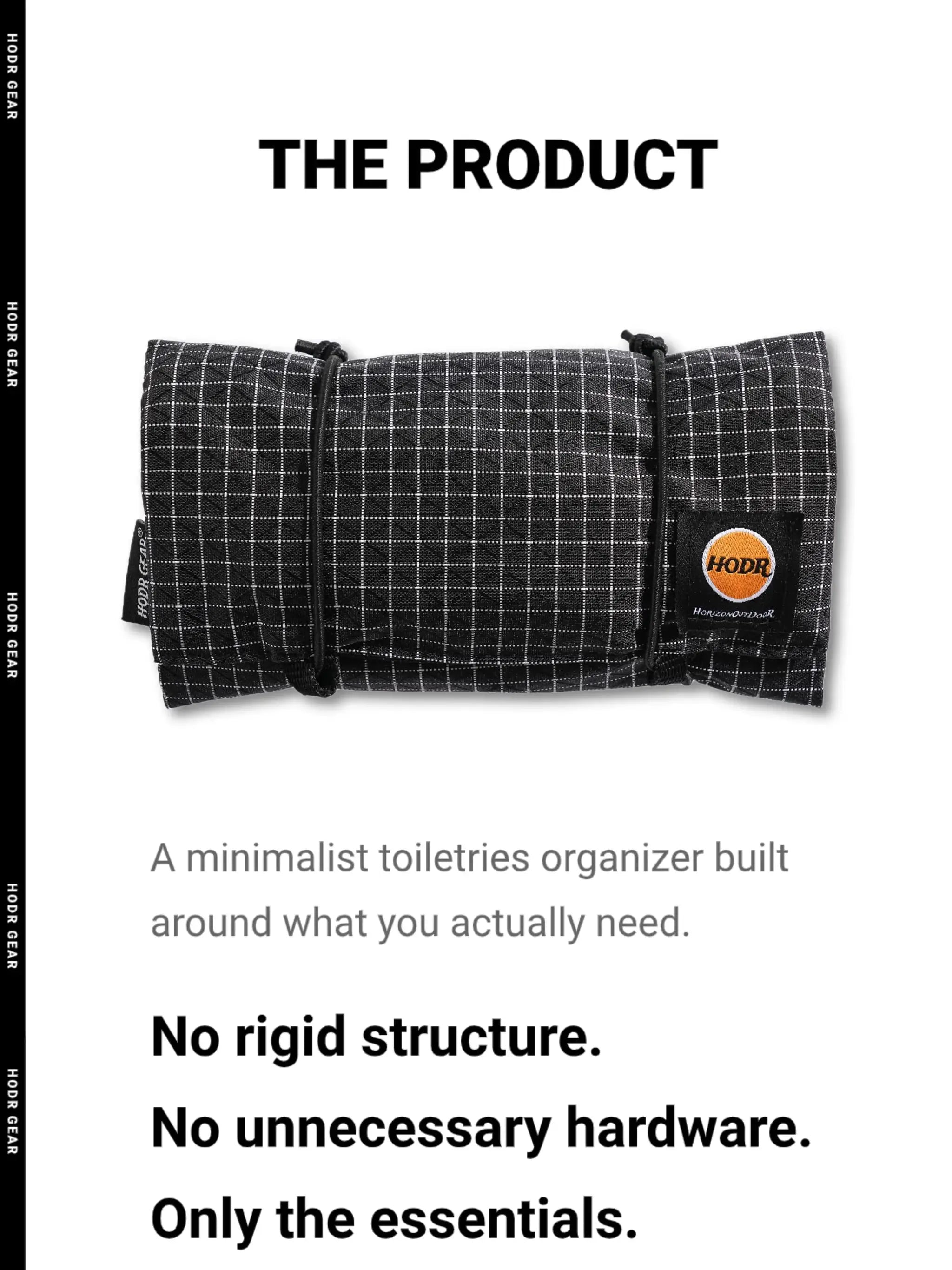 HODRGEAR Ultralight Toiletries Organizer in black grid fabric with YKK zipper and orange patch logo.