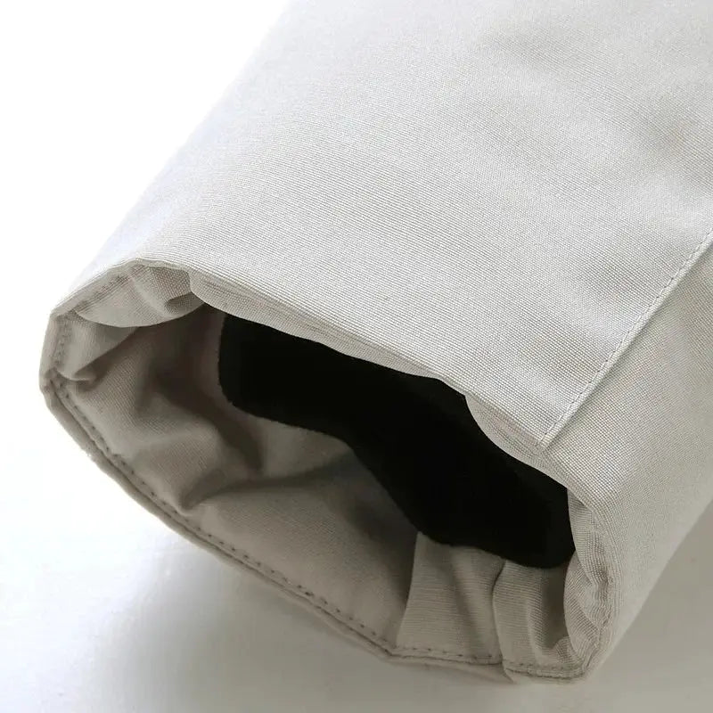 Men's beige puffer jacket sleeve cuff with black inner lining, Simples Market