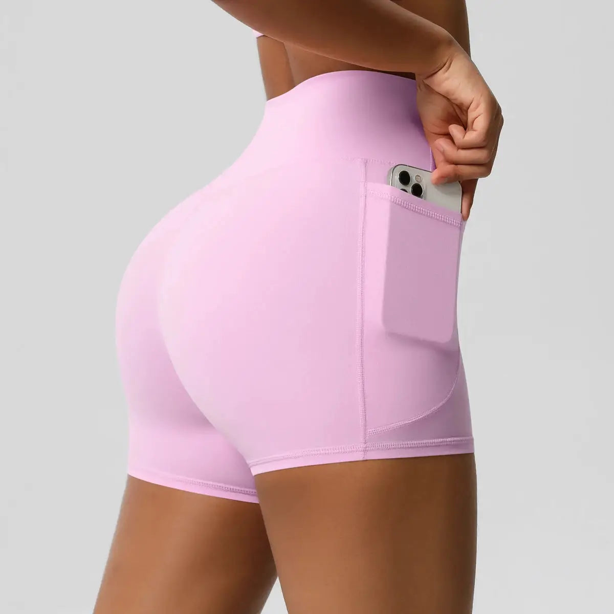 Women's pink high-waist yoga shorts with side phone pocket, squat-proof, Simples Market