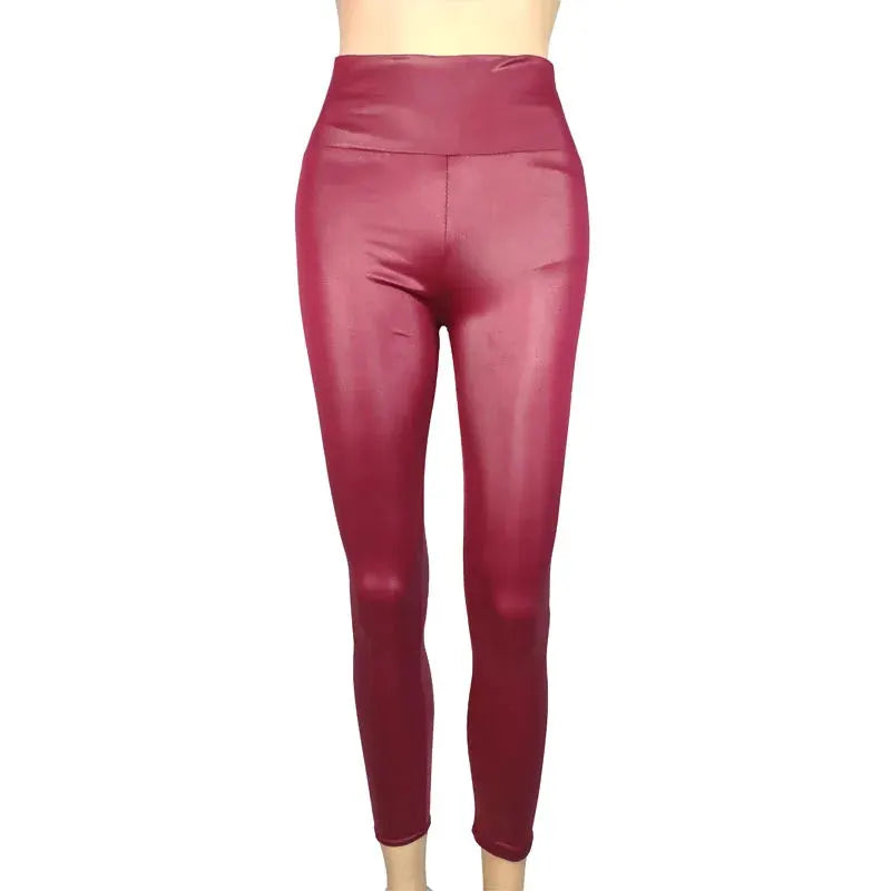High-Waist Faux Leather Pants by Simples Market in burgundy, long-length, four-season wear