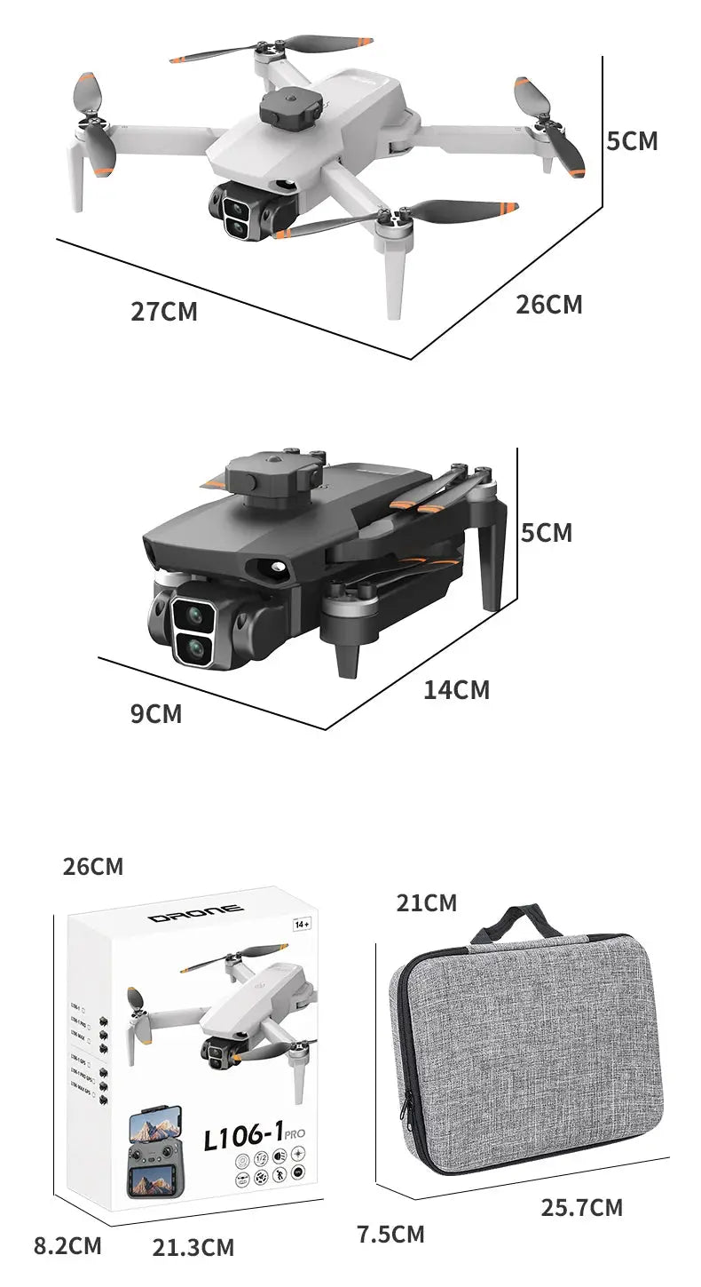 Simples Market L106-1PRO GPS drone with 4K camera and remote screen; foldable white quadcopter with gray case and box.