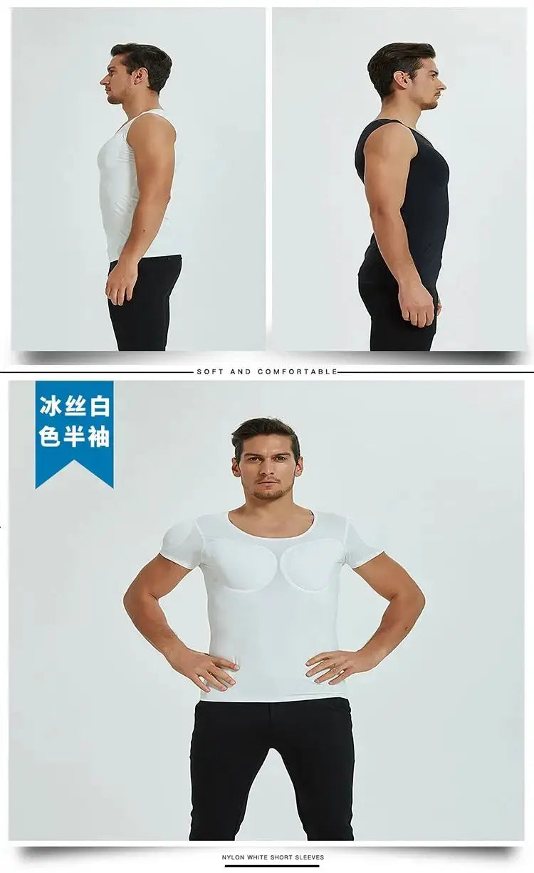Simples Market men's body shaper undershirt with fake muscle ABS pads; white and black color variants.