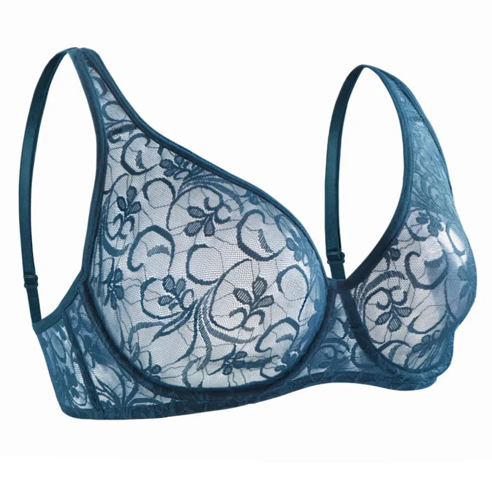 Womens teal lace underwire bra with floral embroidery by Simples Market