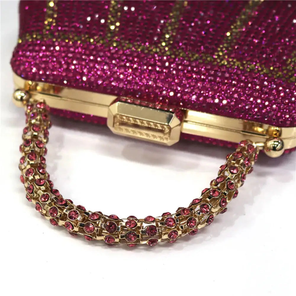 Simples Market pink rhinestone evening clutch with diamond-design embellishments and gold chain strap