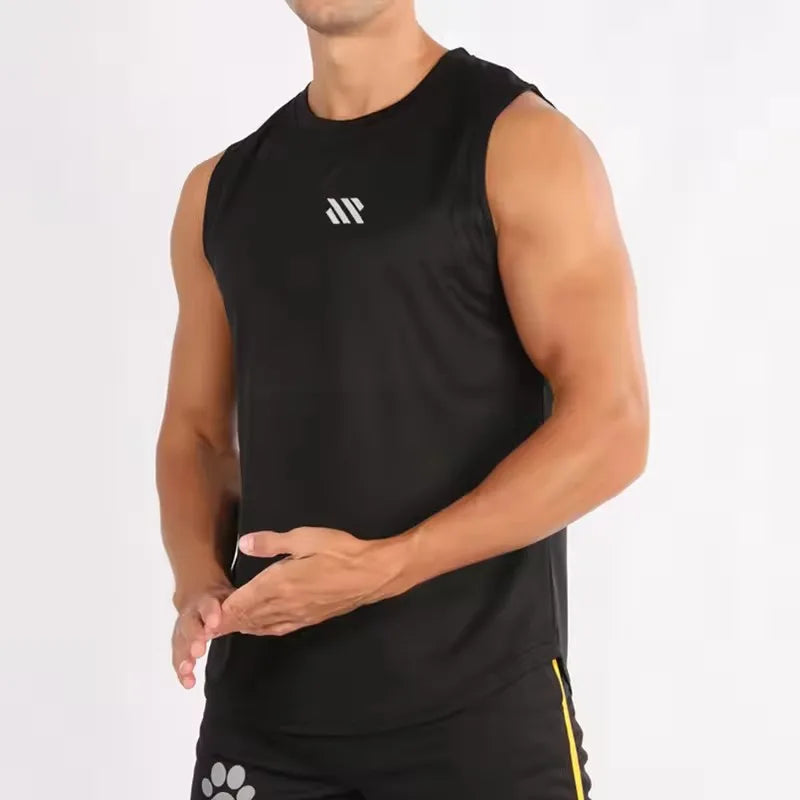 Men's black mesh sleeveless gym vest tank top with Simples Market logo.