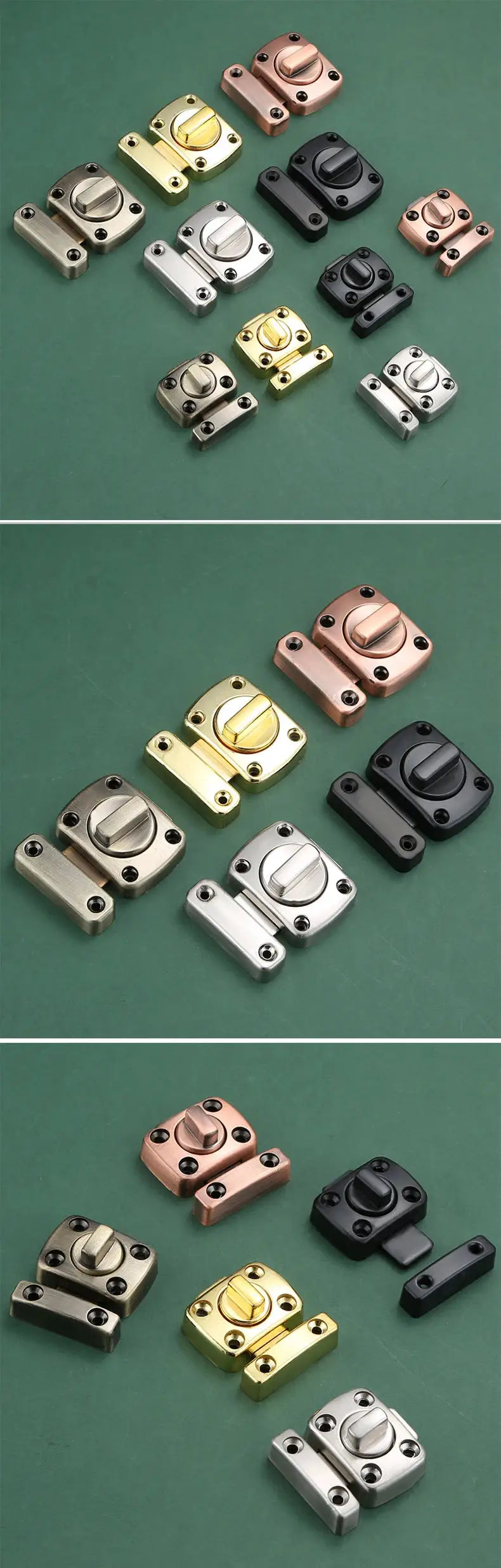 Home security latch set with rotating bolt latches and slide locks in silver, gold, brass, copper, and black finishes.