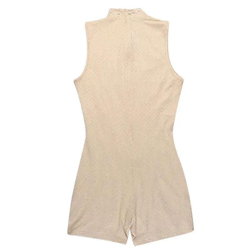 Jumpsuit Apricot sleeveless beaded mesh romper with a high-neck collar