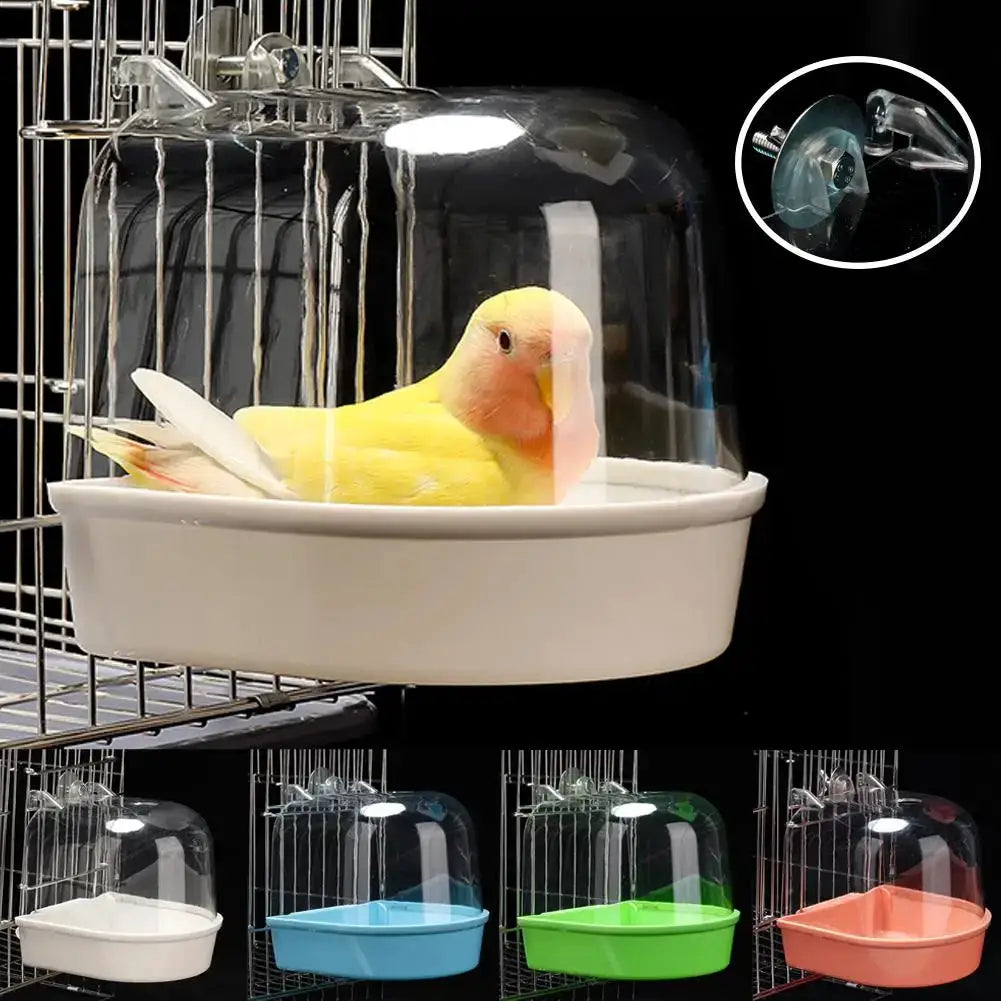 Hanging Bird Bath Cube by Simples Market; clear dome with white tray for small parrots