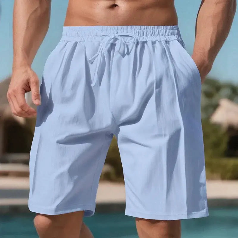 Men's light blue quick-dry beach shorts with elastic drawstring waist and side pockets