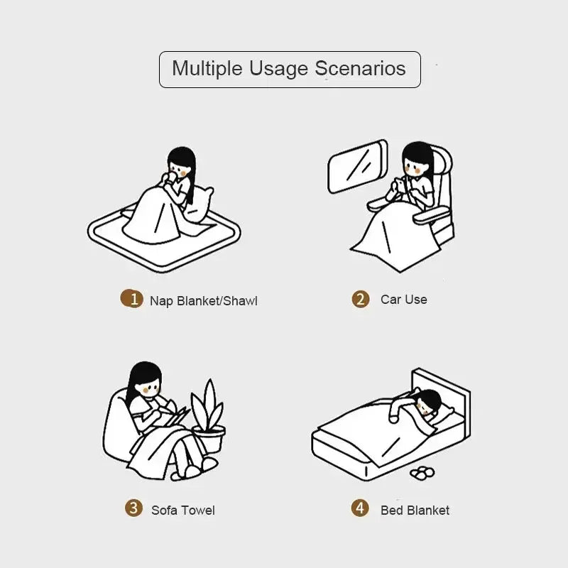 Ethnic sofa cover blanket; four usage scenarios shown: nap blanket/shawl, car use, sofa towel, bed blanket.