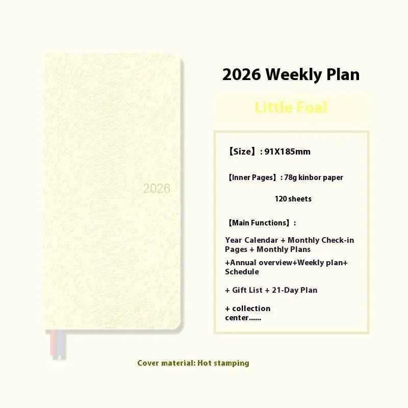 Pocket-size Kinbor 2026 weekly planner notebook with cream hot-stamped cover, 91x185mm, 120 sheets
