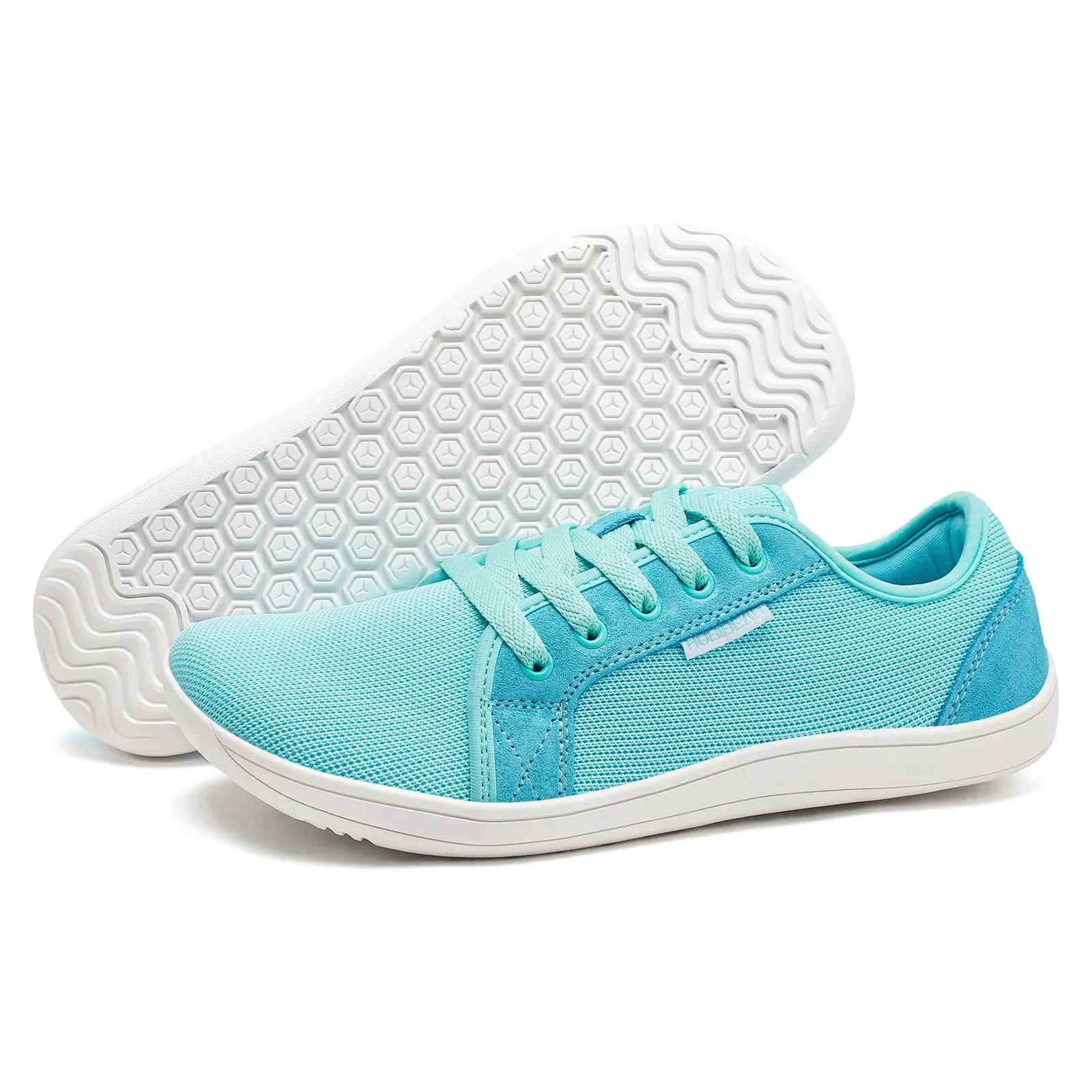 HOBIBEAR unisex barefoot shoes pair with turquoise mesh upper and white sole, lightweight breathable trail sneakers