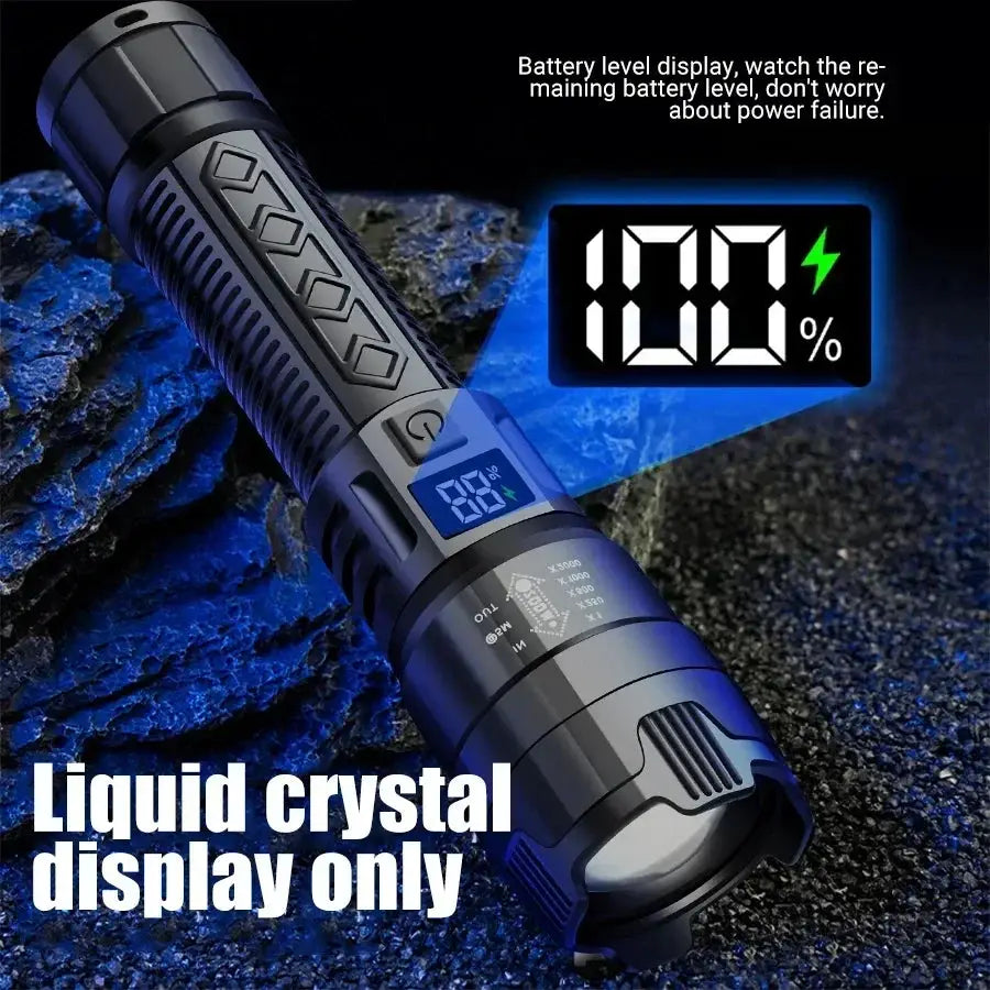LED flashlight USB-rechargeable with digital battery display, 1000LM, blue and black, waterproof