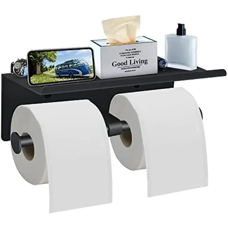 HaloHome Multifunctional Toilet Paper Holder With Shelf Wall Mounted Double Roll Towel Holder Gold Finish