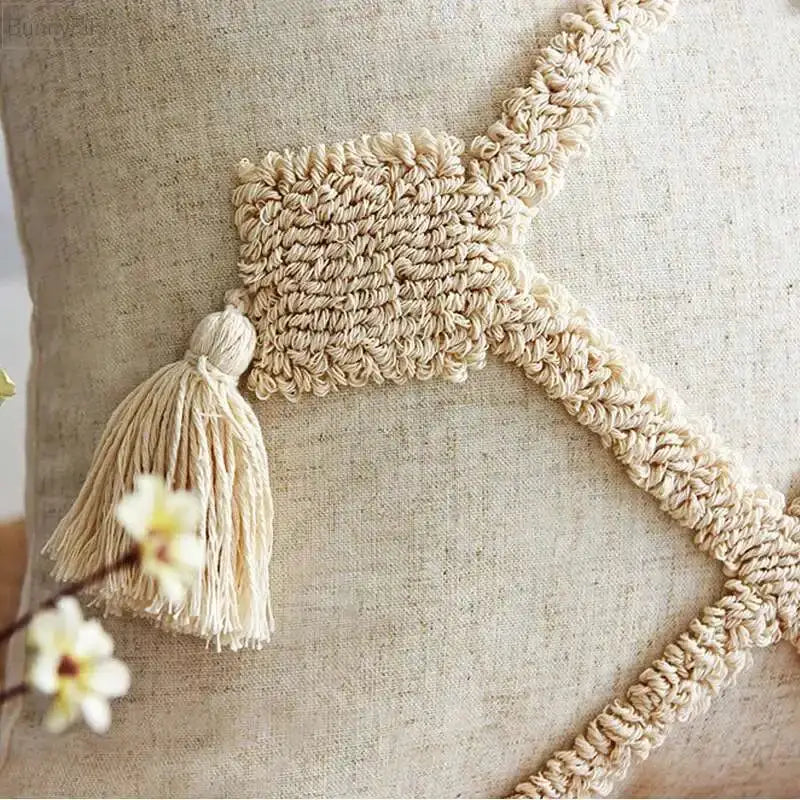 Boho linen cushion cover in beige with chunky tassel trim, fits 45x45cm or 30x50cm