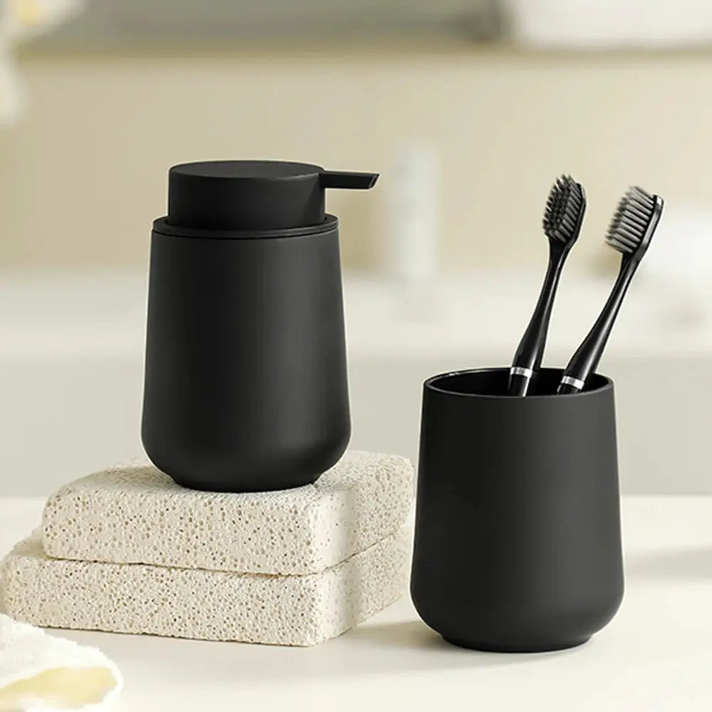 Bathroom Accessory Set (2-piece): matte black soap dispenser and cup for bathroom vanity decor