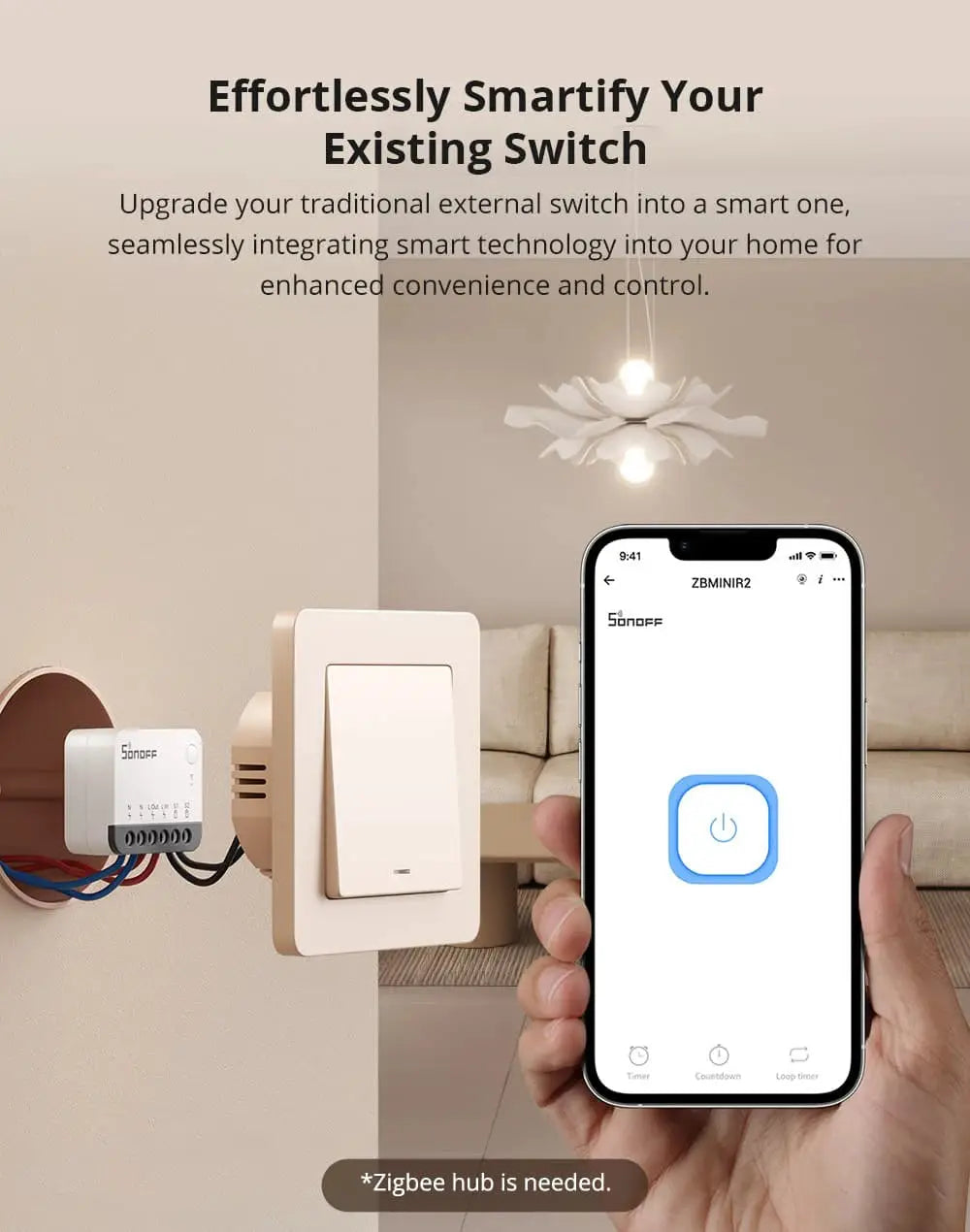 SONOFF ZBMINIR2 Zigbee smart switch module with wall switch, white finish, shown beside a smartphone displaying the app