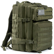 45L tactical backpack in olive green with MOLLE webbing and US flag patch