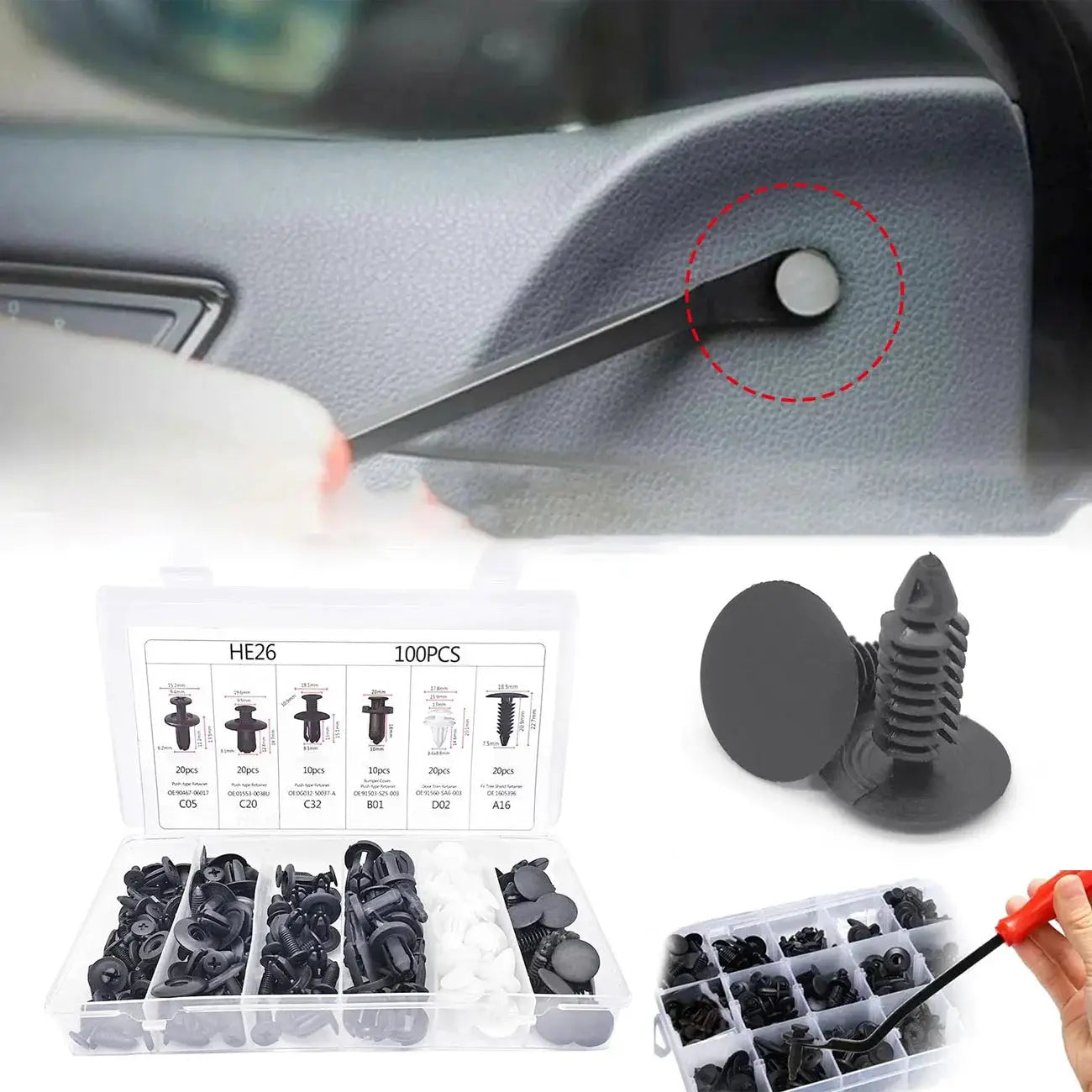 130pcs bumper retainer clips kit with fastener remover, black plastic for car door trim panels