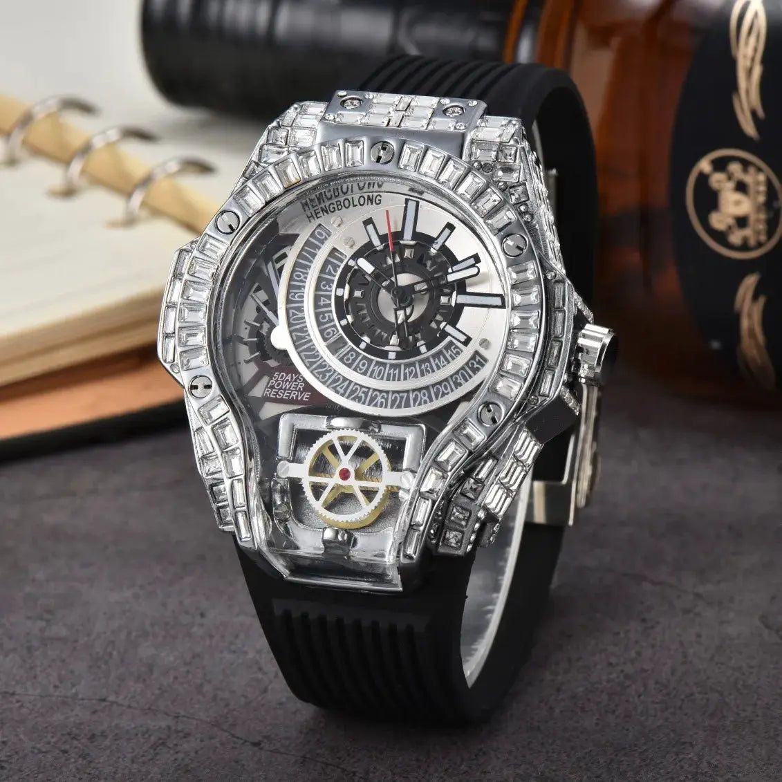 Men's luxury diamond watch with crystal-studded case and black rubber strap